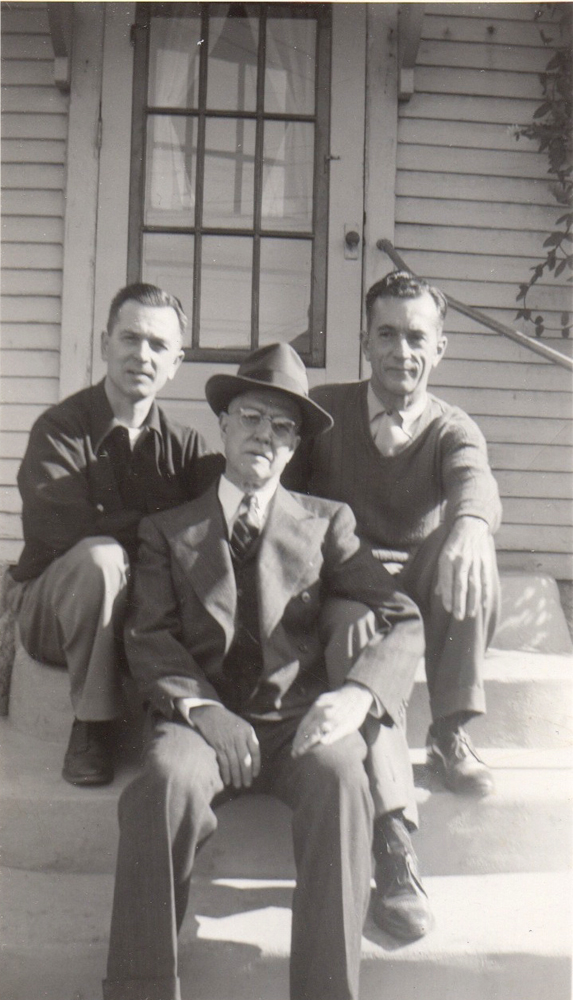Don, Dan (Don's Dad) and Lincoln (Don's brother) in the fall of 1946 or 1947 at Hodap Ave., Dayton, the Dan Hershey home, back steps. Don & Gladys went to Dayton each early Nov. to celebrate Don's parents, Dan & Sadie's anniversary.